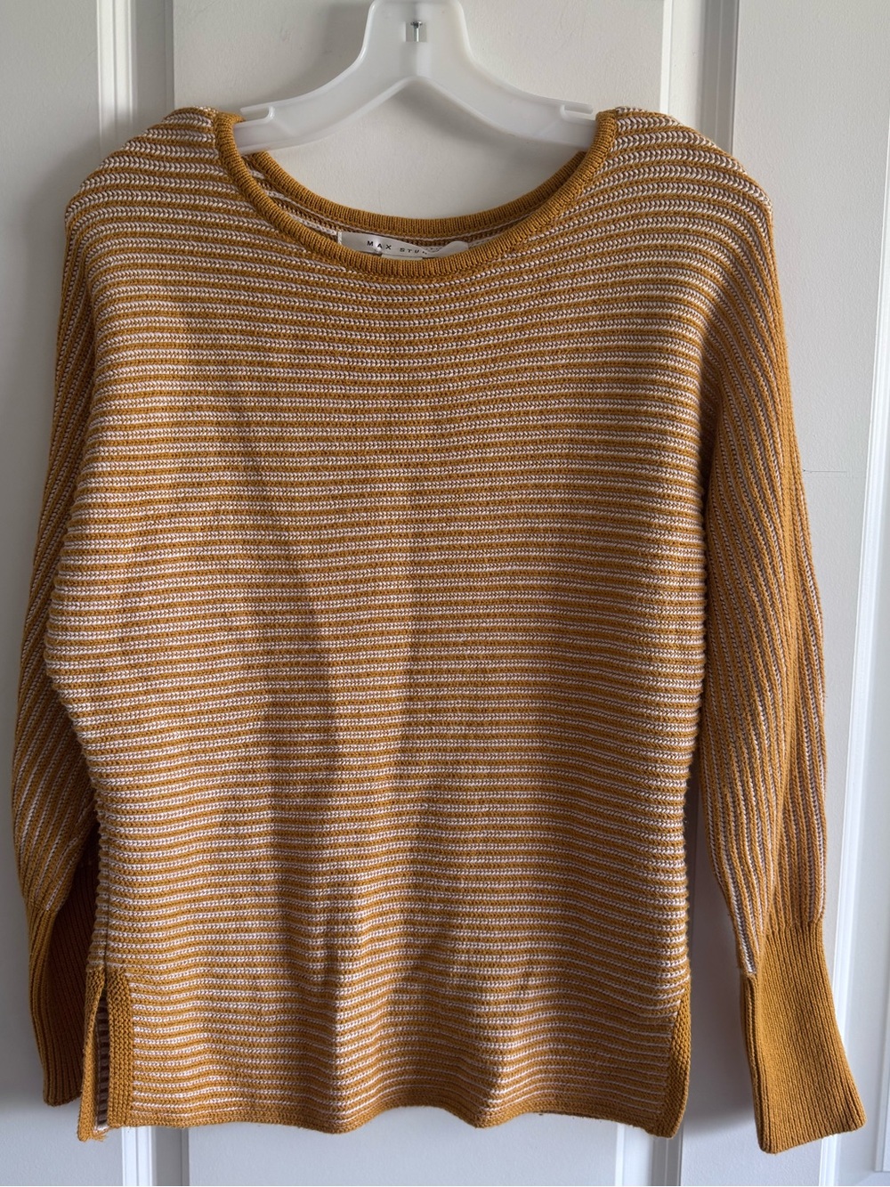 Max Studio Mustard and Cream Striped Crewneck Sweater
